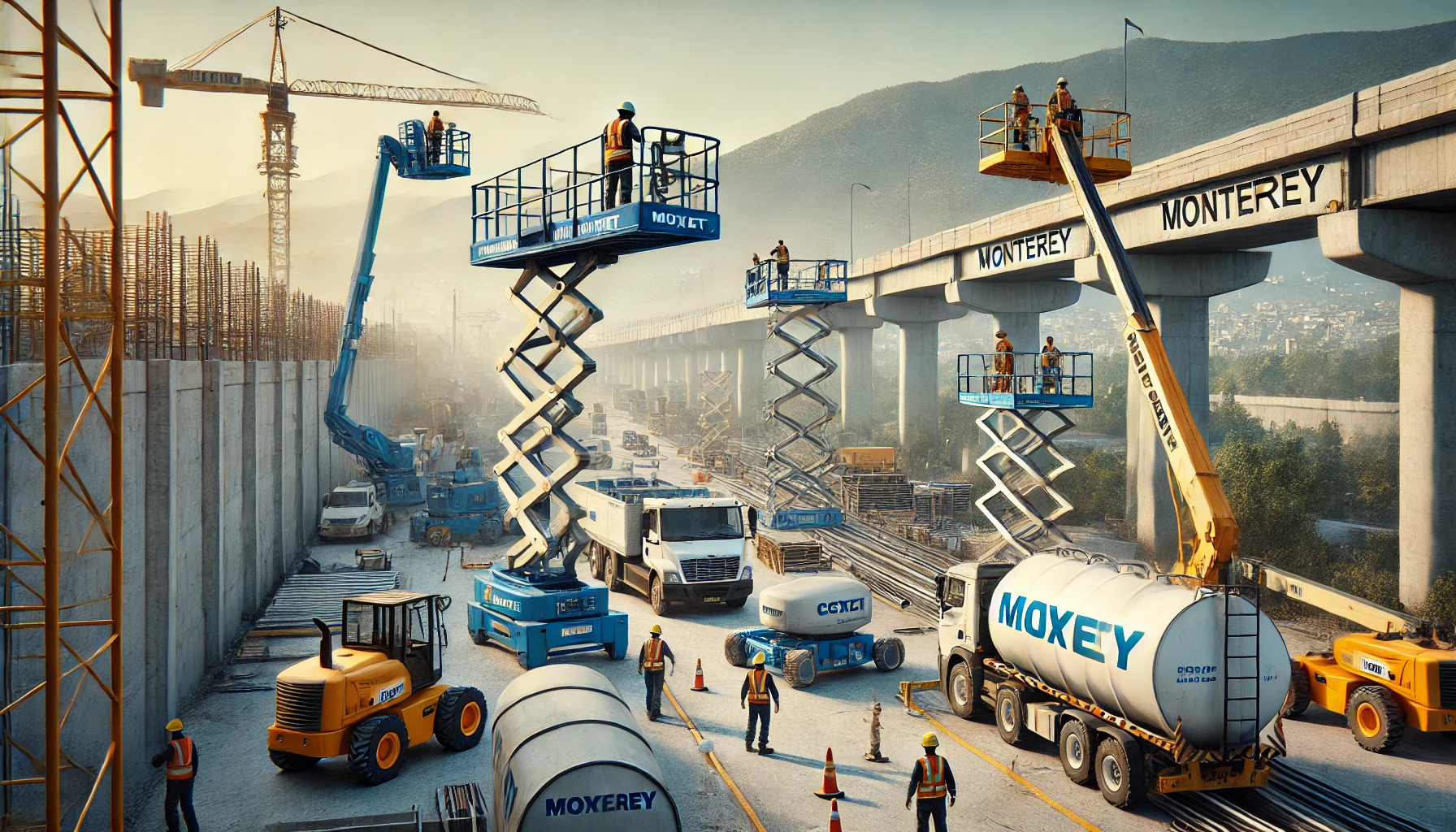 DALL·E marzo 2026-02-26 18.02.02 – A realistic construction site in Monterrey with various aerial work platforms in ...