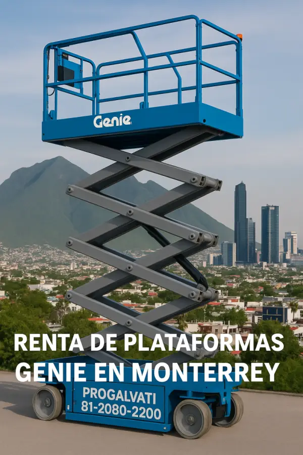 Plataforma elevadora Genie de Progalvati completamente extendida con vista panorámica de Monterrey y el Cerro de la Silla al fondo.