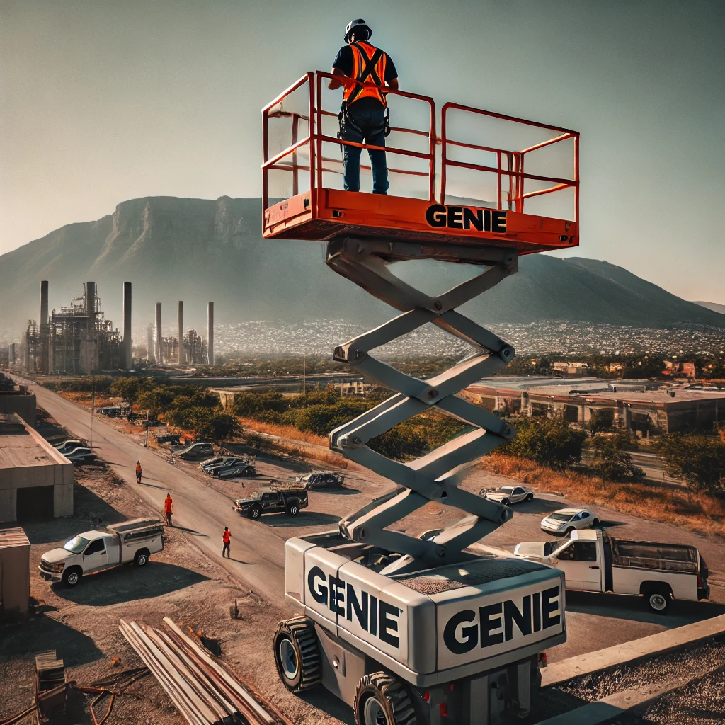 "Plataforma elevadora Genie operando en un sitio de construcción en Monterrey, México, con el Cerro de la Silla de fondo."