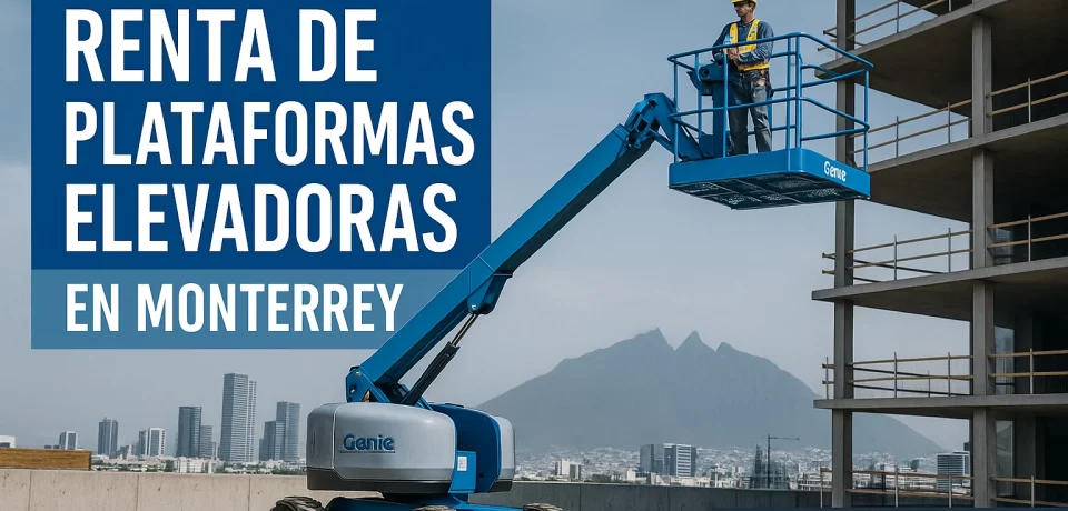 "Plataforma elevadora Genie en uso en Monterrey con vista al Cerro de la Silla, junto a edificio en construcción. Servicio de renta por Progalvati."