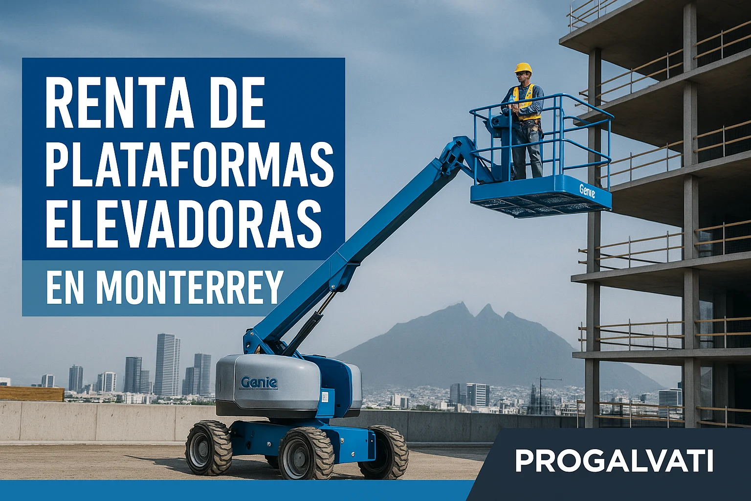 "Plataforma elevadora Genie en uso en Monterrey con vista al Cerro de la Silla, junto a edificio en construcción. Servicio de renta por Progalvati."