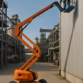 "Plataforma articulada en operación en una zona industrial de Monterrey, ideal para trabajos en altura y acceso sobre obstáculos."