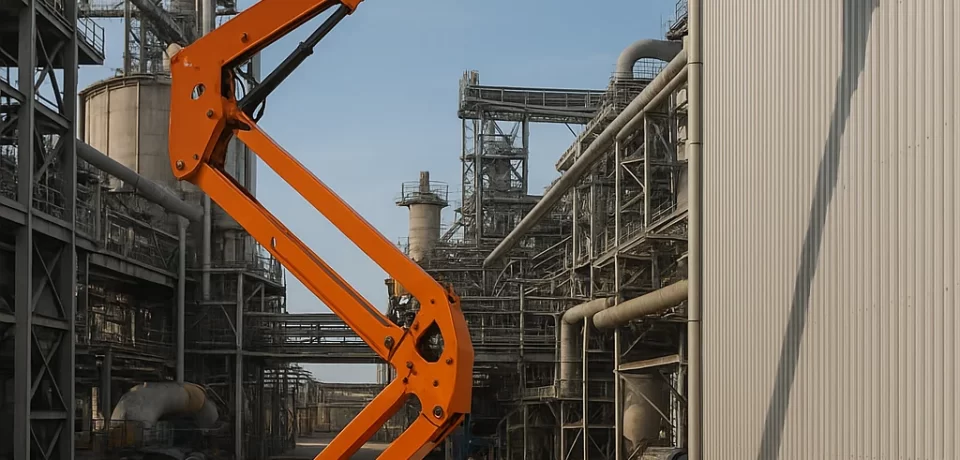 "Plataforma articulada en operación en una zona industrial de Monterrey, ideal para trabajos en altura y acceso sobre obstáculos."