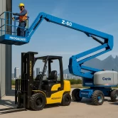 Plataforma articulada Genie Z-60 en uso con operador equipado con casco y arnés trabajando en una estructura industrial en Monterrey; en primer plano también se muestra un montacargas amarillo y una plataforma Genie eléctrica GS-Series, con el perfil urbano y montañoso de Monterrey al fondo bajo cielo despejado.