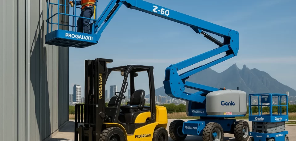 Plataforma articulada Genie Z-60 en uso con operador equipado con casco y arnés trabajando en una estructura industrial en Monterrey; en primer plano también se muestra un montacargas amarillo y una plataforma Genie eléctrica GS-Series, con el perfil urbano y montañoso de Monterrey al fondo bajo cielo despejado.
