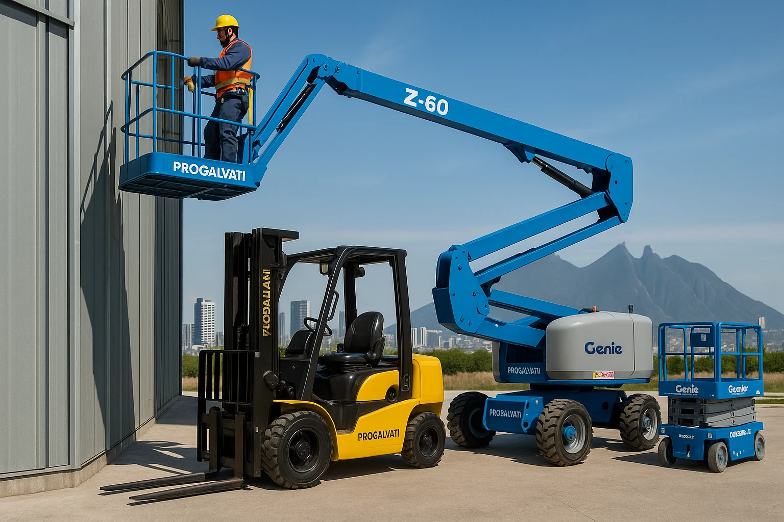 Plataforma articulada Genie Z-60 en uso con operador equipado con casco y arnés trabajando en una estructura industrial en Monterrey; en primer plano también se muestra un montacargas amarillo y una plataforma Genie eléctrica GS-Series, con el perfil urbano y montañoso de Monterrey al fondo bajo cielo despejado.