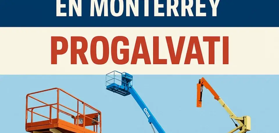 Portada promocional de Progalvati con fondo azul y blanco, mostrando tres plataformas de elevación (tijera, telescópica y articulada) en colores naranja, azul y amarillo, acompañadas del texto "Renta de Plataformas de Elevación en Monterrey - Progalvati" en letras grandes y contrastantes.