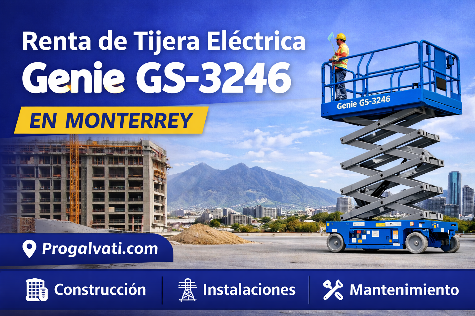 Plataforma aérea de tijera eléctrica Genie GS-3246 disponible para renta en Monterrey, ideal para trabajos en construcción, instalaciones y mantenimiento industrial.