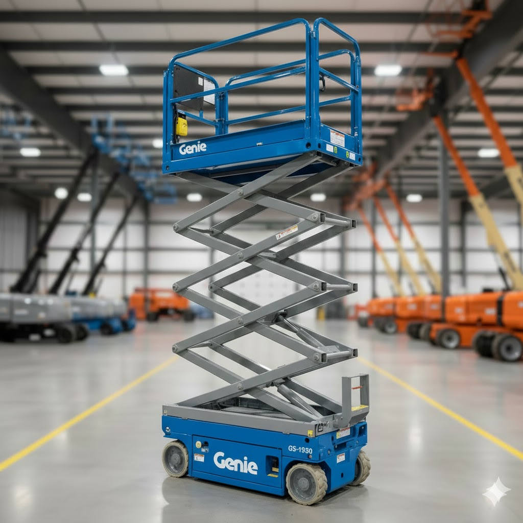 Genie GS-1930 extendida mostrando altura de trabajo 5.85 metros — almacén Monterrey NL
