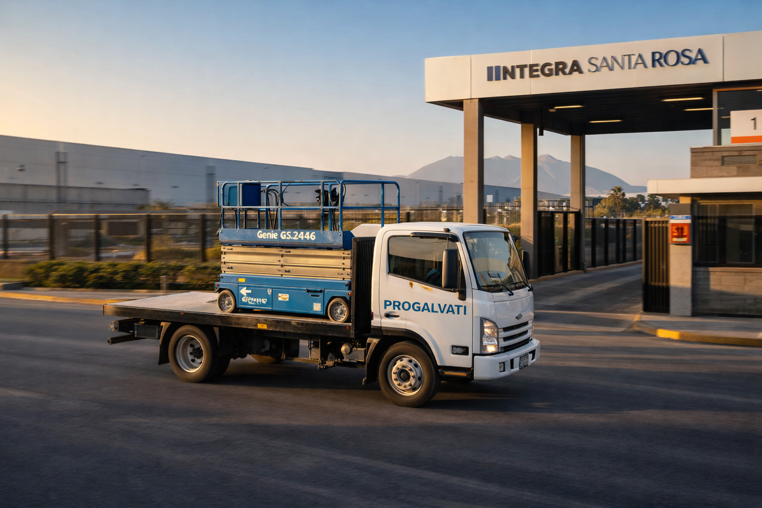 Camión de Progalvati entrando a Integra Santa Rosa, Apodaca con plataforma elevadora para entrega exprés en menos de 90 minutos