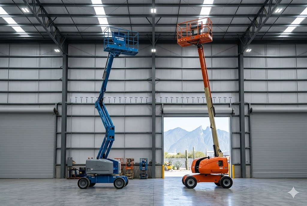 Tijera eléctrica Genie vs JLG lado a lado — diferencias arquitectónicas sistema hidráulico vs electrónico Monterrey NL