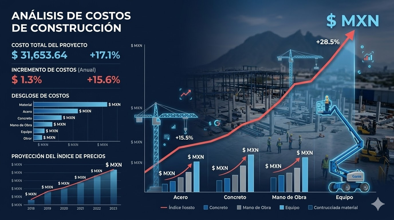 Gráfica de incremento de precios de renta de plataformas elevadoras Genie en Monterrey — impacto inflación marzo 2026