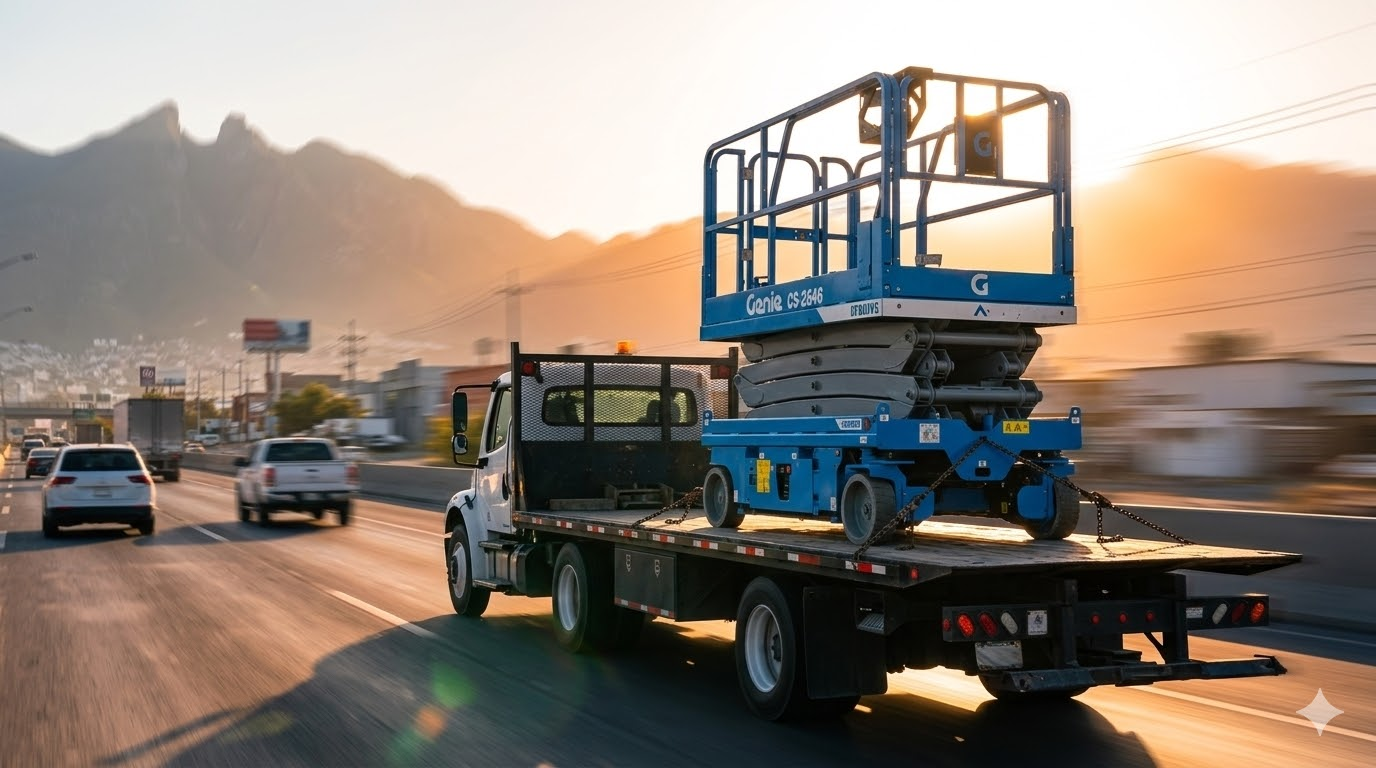 Camión Progalvati transportando plataforma elevadora desde base en San Nicolás