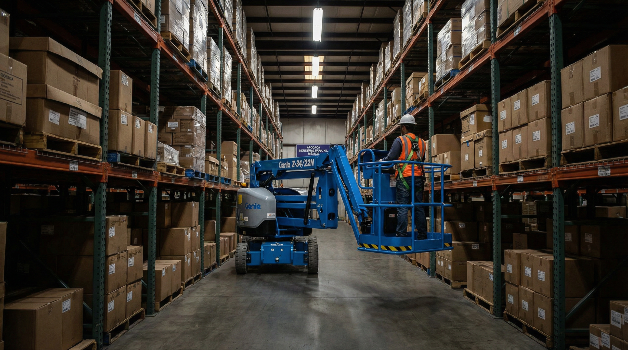 Genie Z-34/22N en pasillo estrecho almacén Apodaca NL — maniobrabilidad en espacios reducidos parque industrial