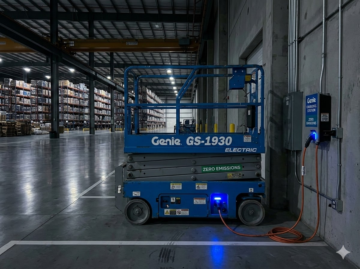 Tijera eléctrica Genie GS-3246 cargando batería en bodega industrial Monterrey — cero emisiones sin restricción de acceso