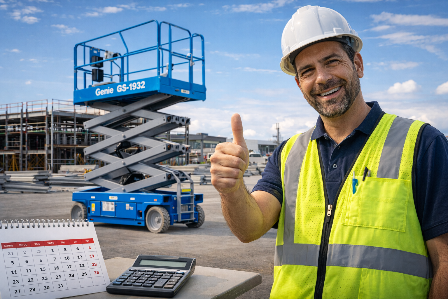 Gerente de obra supervisando proyecto con plataforma elevadora en San Nicolás