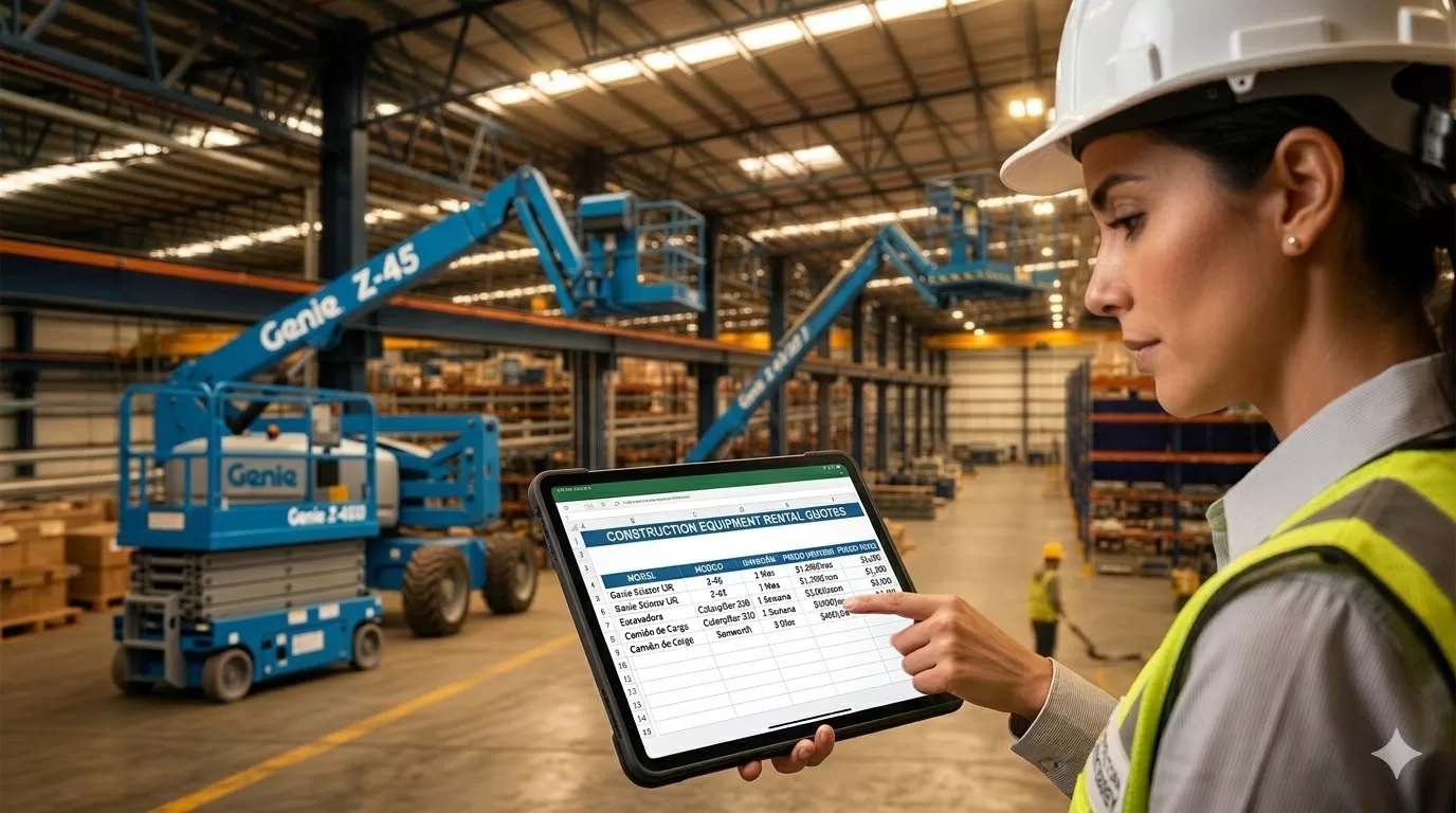 Jefe de obra consultando precio de renta de plataforma Genie en Monterrey — cotización en 30 minutos
