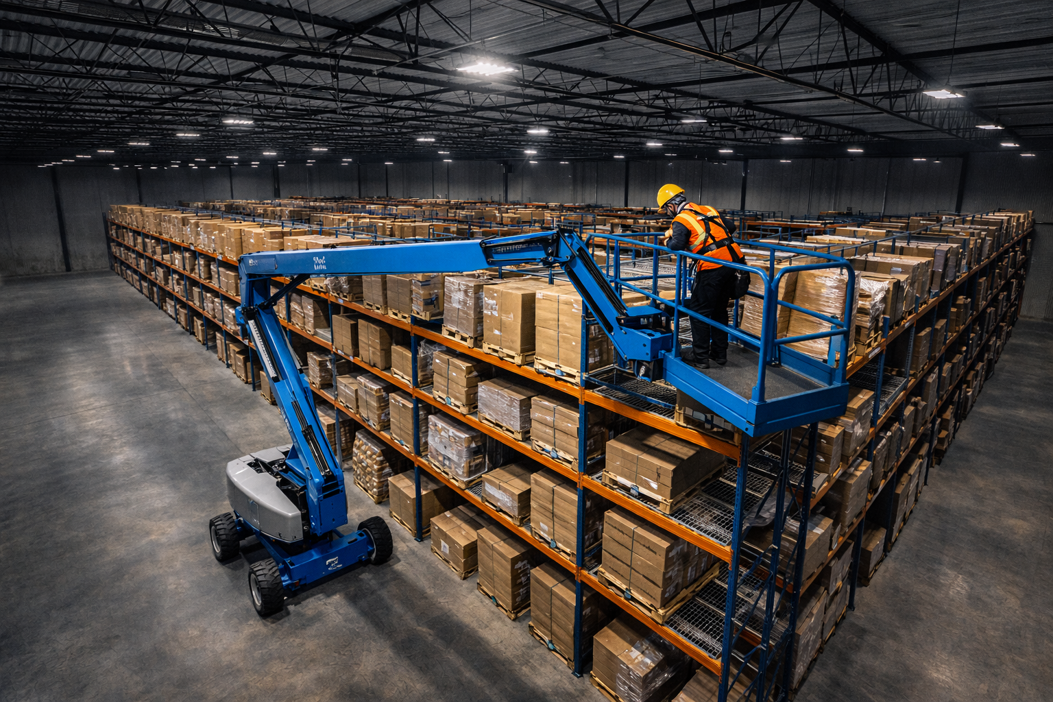 Inspección estructural con brazo articulado manlift en posición up-and-over sobre racks de almacén en parque industrial Apodaca — producción continúa sin interrupción