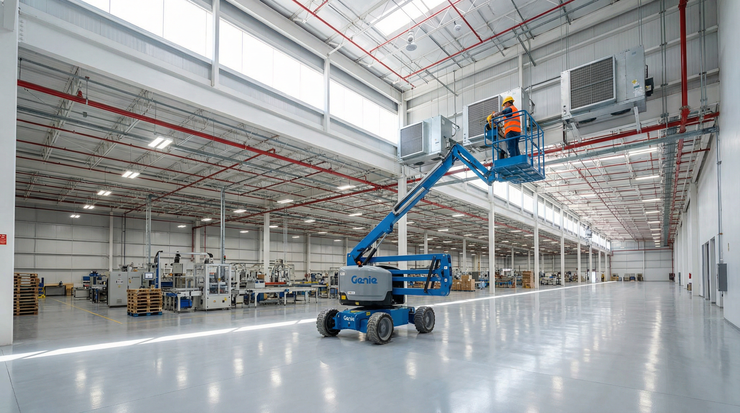 Interior de nave industrial clase AAA en Vynmsa, Apodaca con plataforma elevadora articulada en operación de mantenimiento HVAC — piso epóxico y producción activa