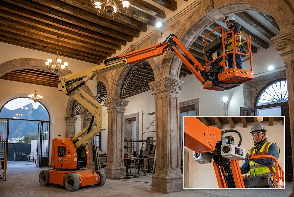 JLG E300AJ sensores SkyGuard seguridad trabajando en edificio histórico Monterrey Centro — precisión electrónica