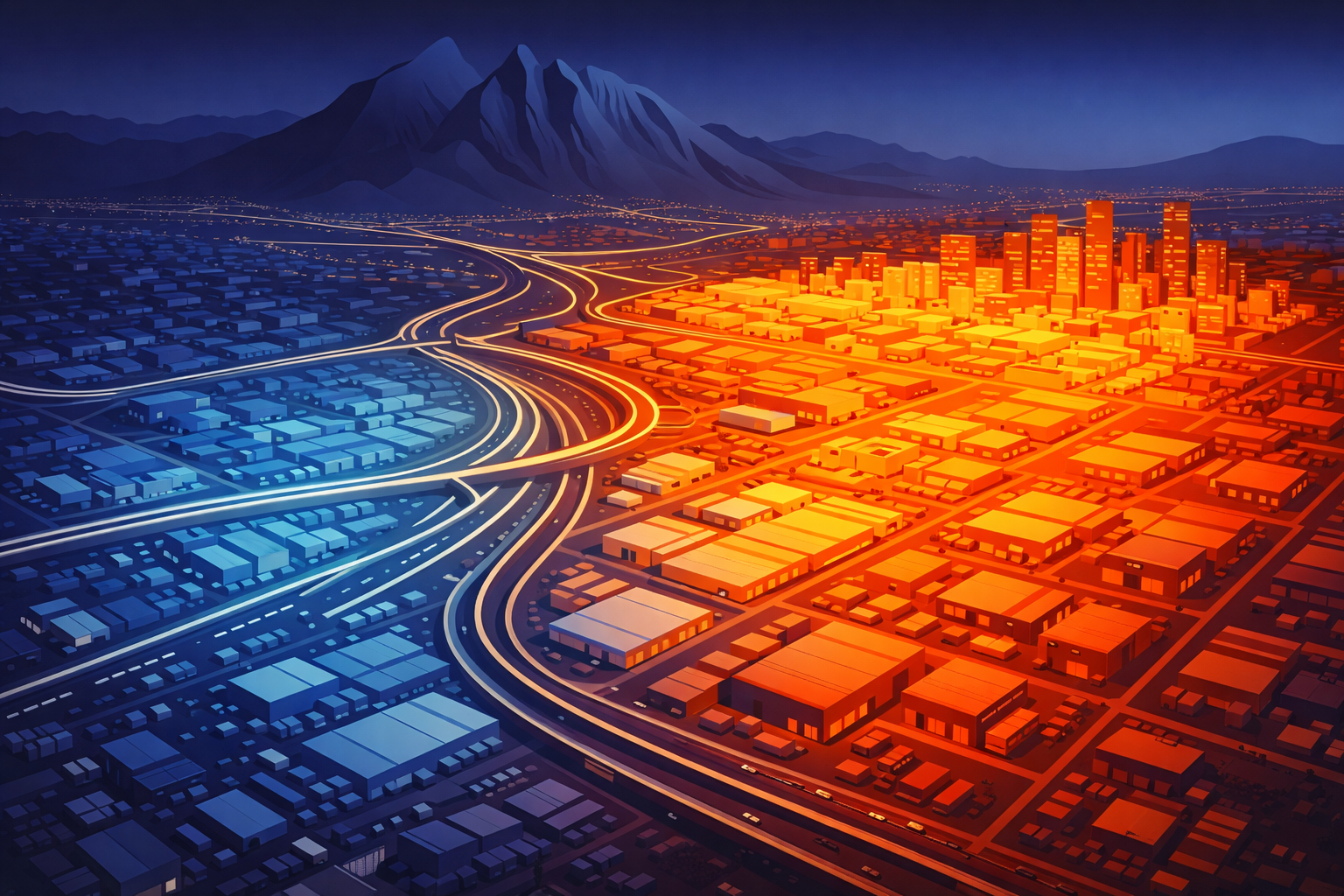 Mapa de calor isométrico de zonas industriales de Monterrey con diferencial de precios de renta de plataformas