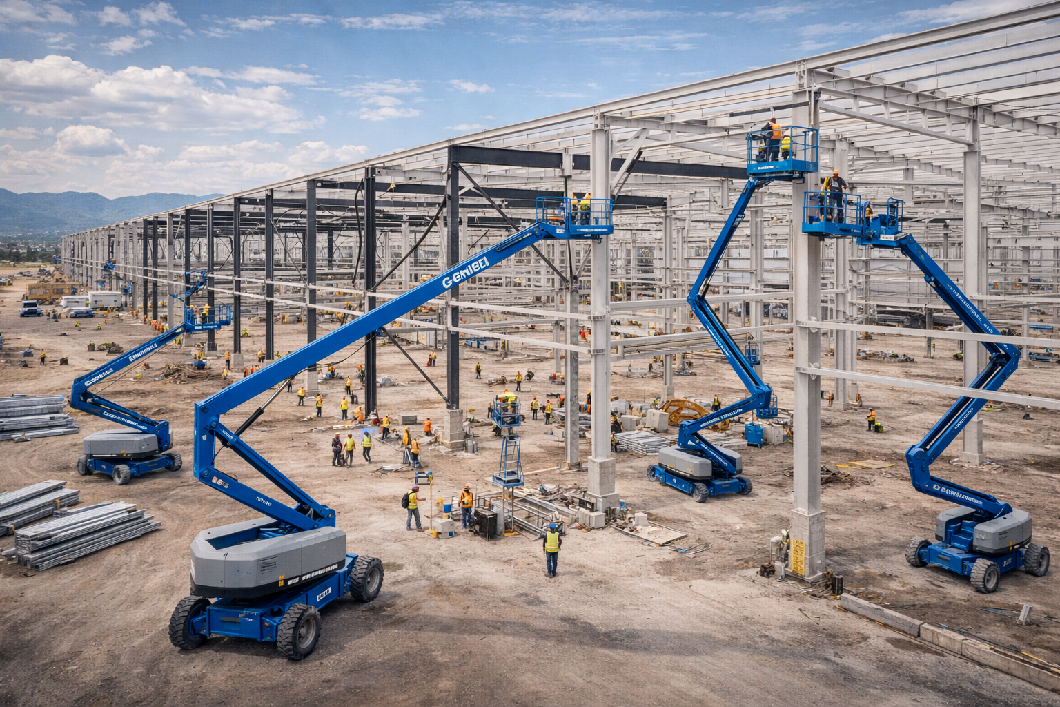 Construcción de nave industrial nearshoring en Nuevo León con múltiples plataformas Genie articuladas y tijeras en operación simultánea