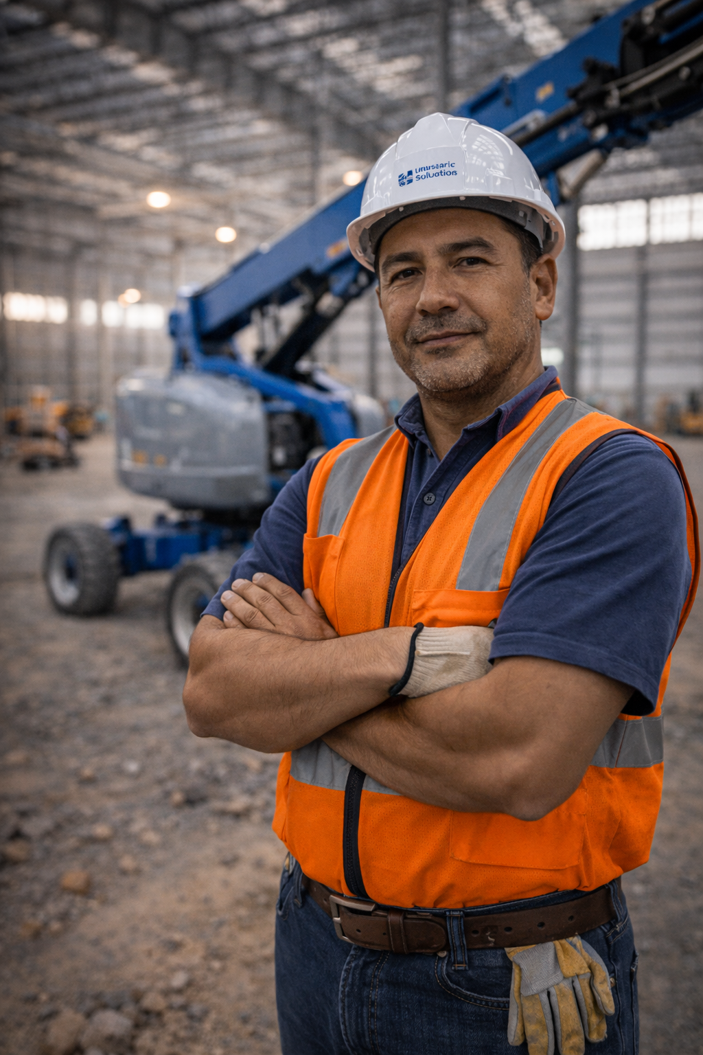 Operador experimentado controlando plataforma elevadora en parque industrial Nuevo León — ergonomía controles Genie vs JLG