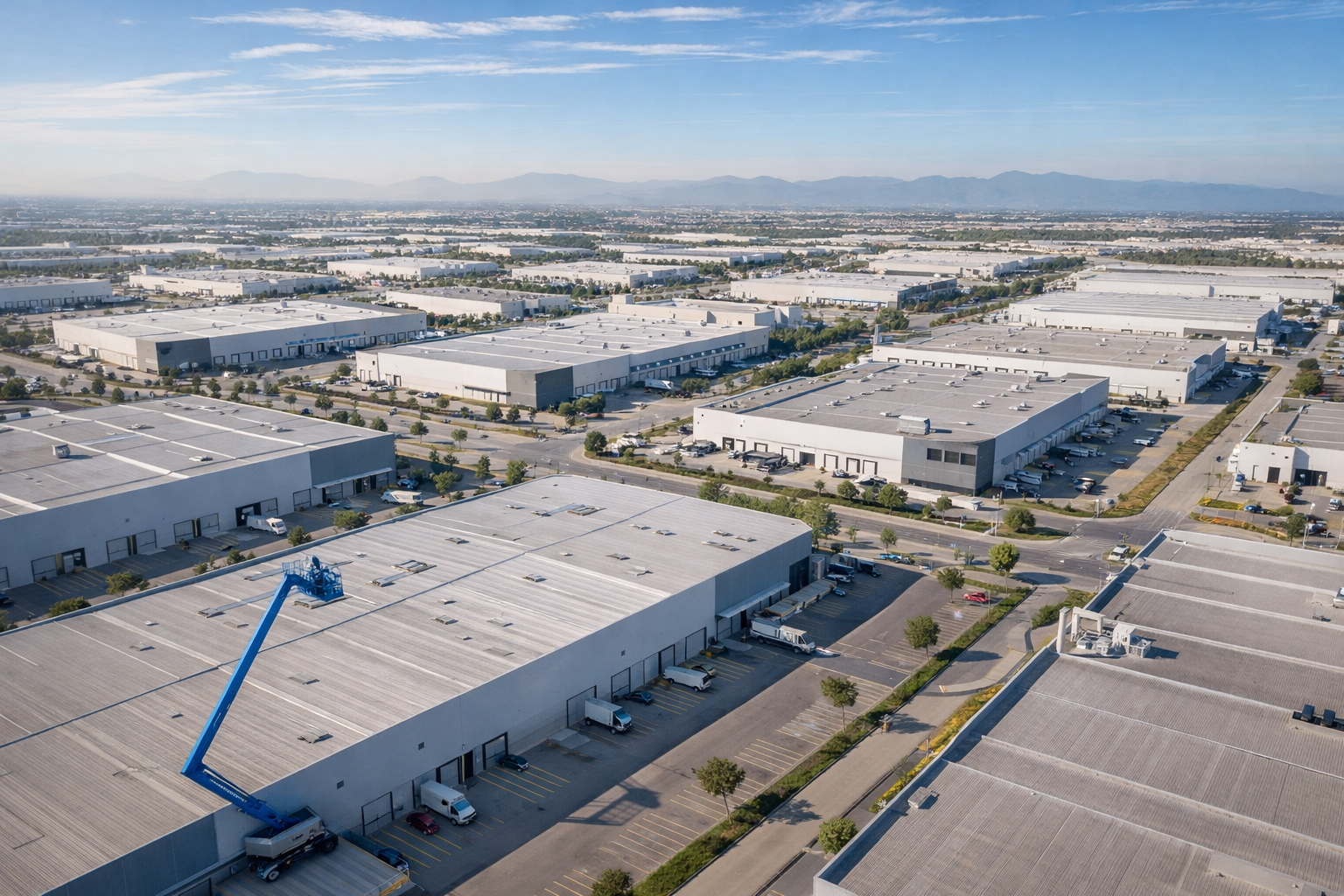 Vista aérea de parque industrial en Apodaca Nuevo León con plataformas elevadoras Genie en operación