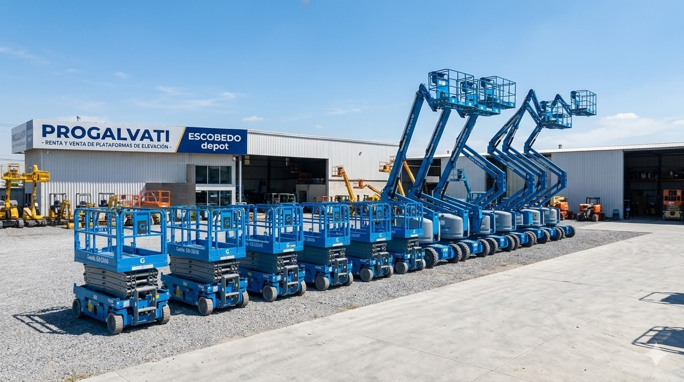 Flota de plataformas Genie disponibles en depósito Progalvati — General Escobedo Nuevo León, lista para entrega en 90 minutos