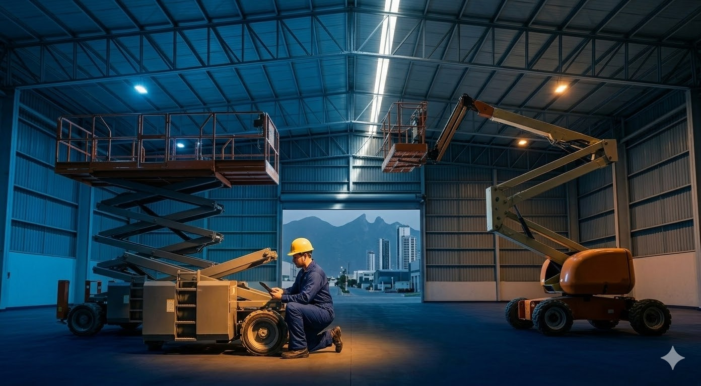 Técnico certificado Progalvati dando soporte en sitio a plataforma elevadora Genie en parque industrial Monterrey
