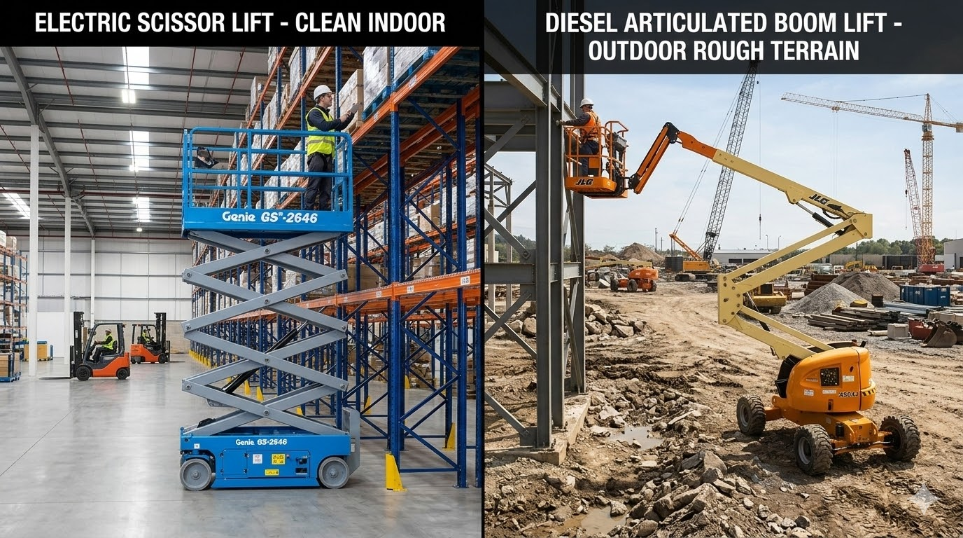 Comparativa renta plataforma Genie eléctrica vs diésel en Monterrey 2026 — costos y restricciones en parques industriales