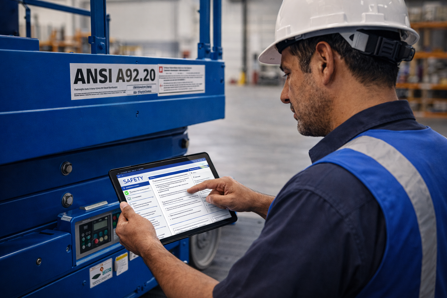 Supervisor revisando documentos de seguridad y certificaciones ANSI A92.20 junto a plataforma elevadora en nave industrial — cumplimiento normativo Progalvati