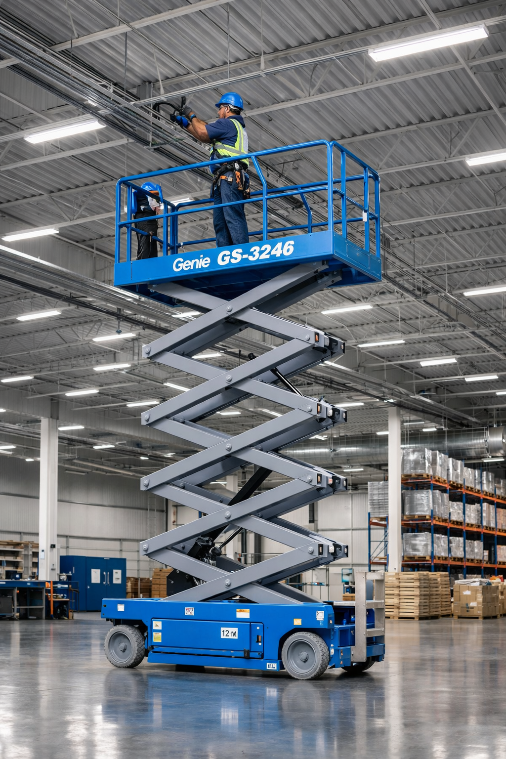 Genie GS-3246 tijera eléctrica 12 metros operando en bodega industrial Monterrey — modelo más rentado 2026