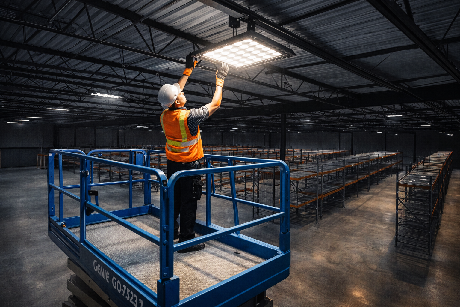 Trabajador instalando luminaria LED industrial desde plataforma elevadora tijera eléctrica Genie en nave industrial de Apodaca — trabajo en altura sin emisiones