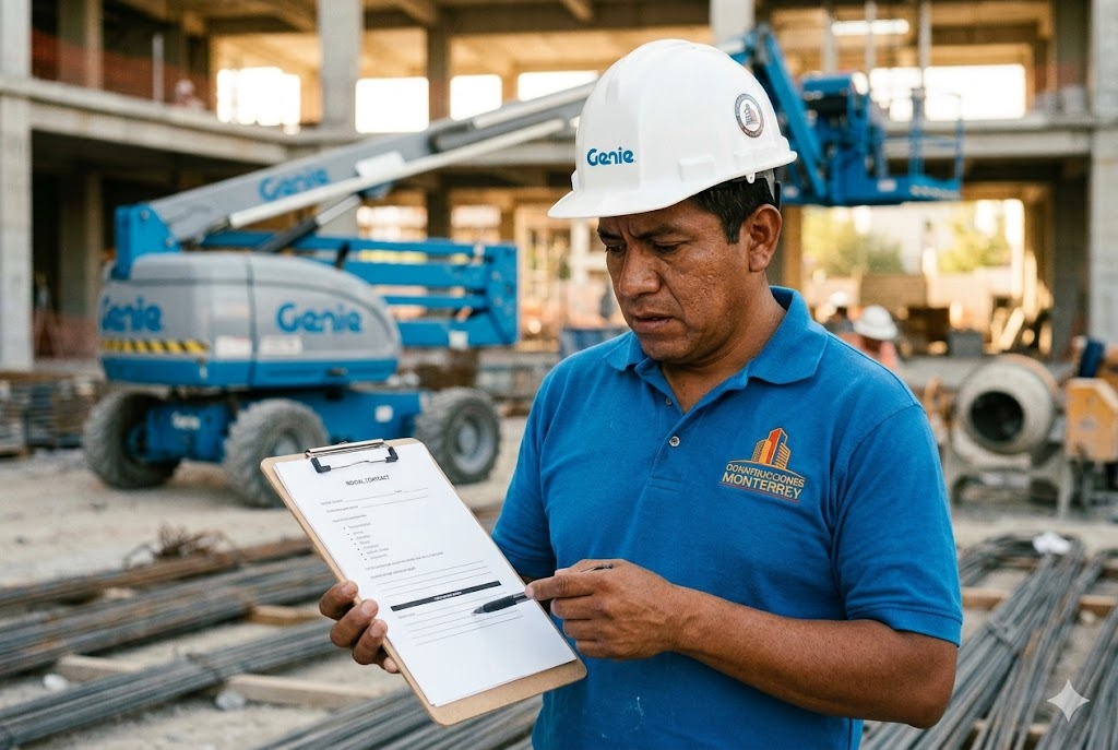 Contratista revisando contrato de renta de plataforma elevadora en Monterrey — costos logísticos ocultos a vigilar