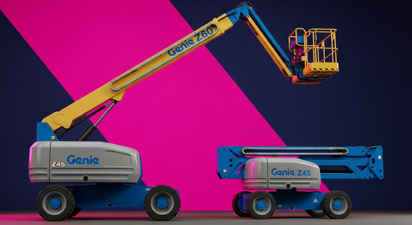 Plataforma articulada Genie en uso durante trabajos de pintura en altura sobre una obra de construcción