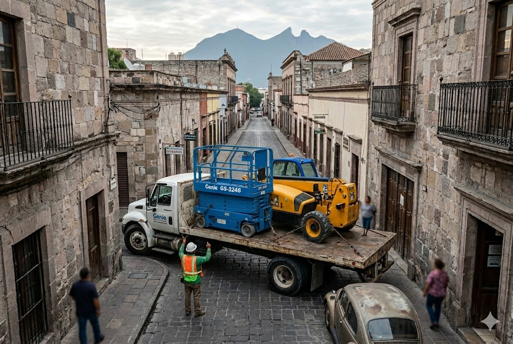 Camión transportando plataforma elevadora en calle estrecha del Centro Histórico de Monterrey — logística de renta Progalvati
