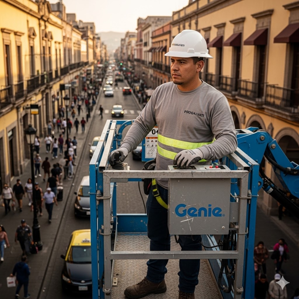 Operador con arnés y casco en plataforma elevadora sobre calle del Centro de Monterrey — normas ANSI A92.22 y STPS · Progalvati