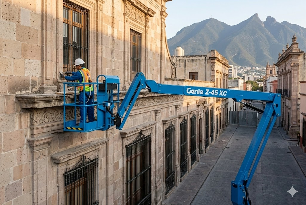 Plataforma articulada Genie Z-45 accediendo a cornisa de edificio histórico en Centro de Monterrey — alcance horizontal Progalvati
