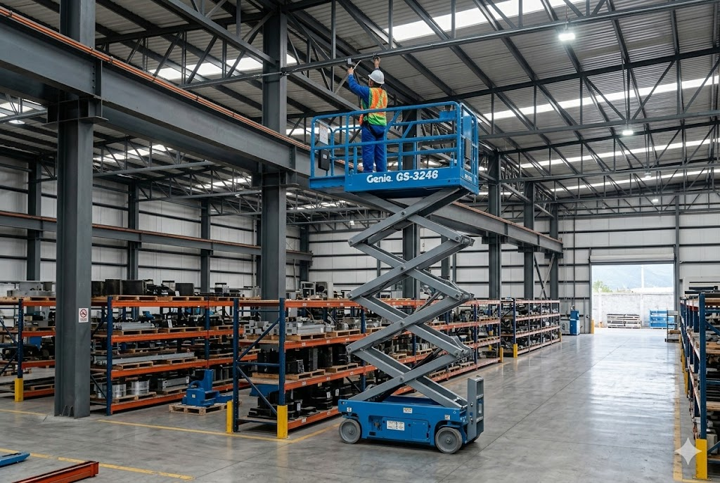 Renta tijera eléctrica Genie GS-3246 en nave industrial de Monterrey — precio desde $2,200 MXN/día · Progalvati