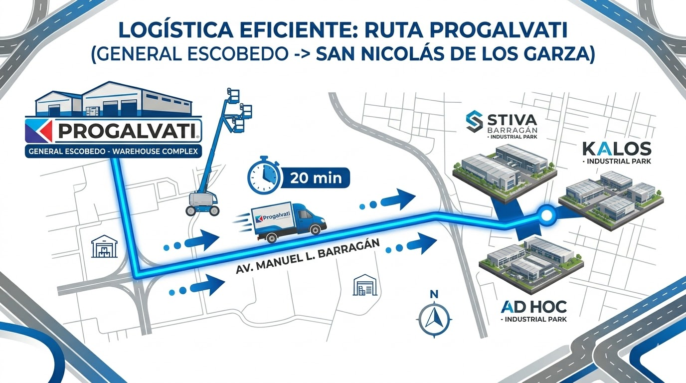 Infografía ruta desde almacén Progalvati en Escobedo a parques industriales de San Nicolás de los Garza
