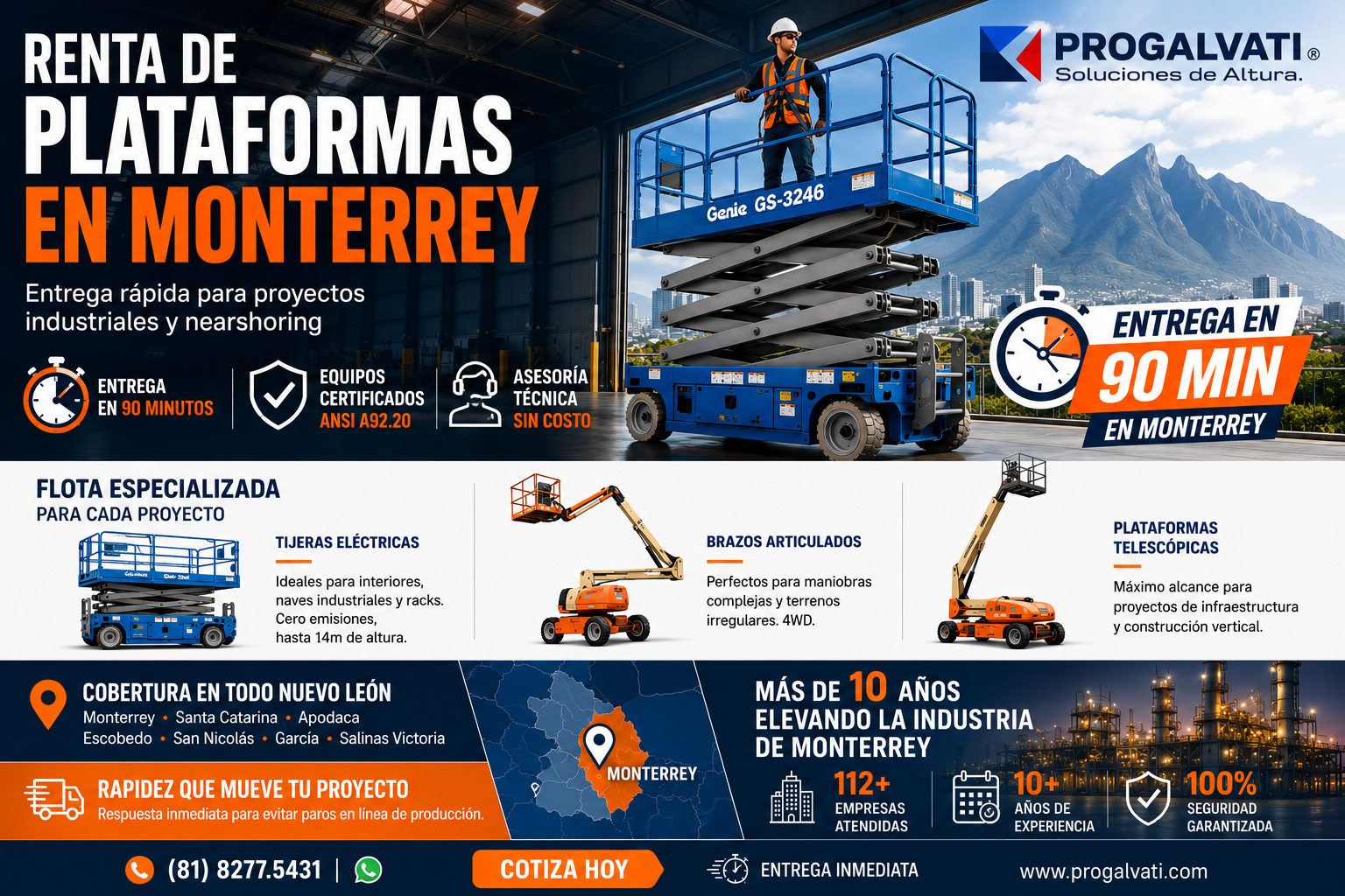 Renta de plataformas elevadoras en Monterrey — Progalvati, tijeras eléctricas Genie y JLG para naves industriales