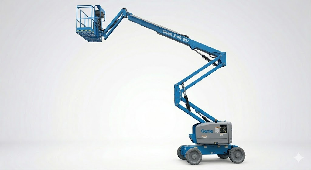 Pluma articulada Genie Z-45 eléctrica en posición elevada para trabajos de pintura en altura