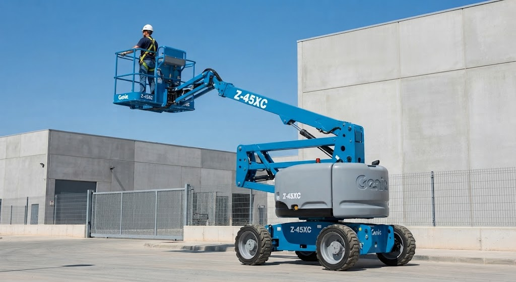 Plataforma elevadora articulada Genie frente a naves industriales